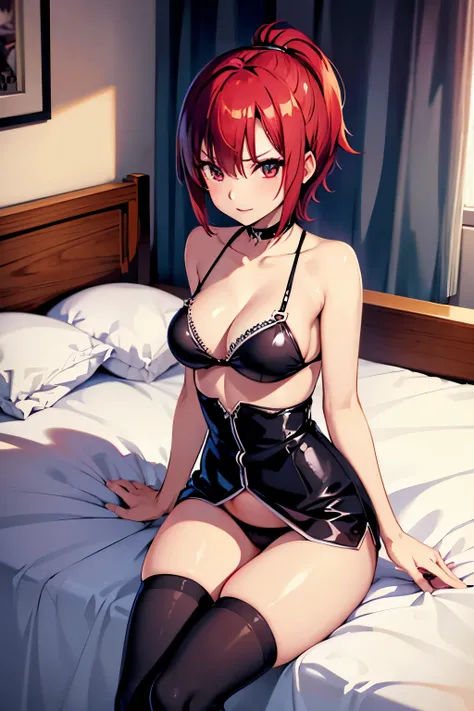 Rio, Super Blackjack、red hair、short hair、black bra、thigh high socks、black panties、Photo from below、medium chest、Bedroom、