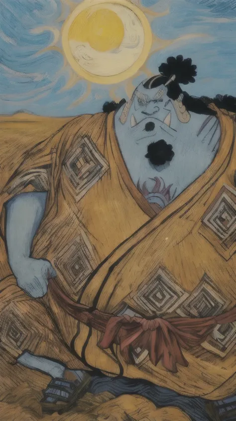 ((jinbei)),fat man,Sky and sun background,upper body,battle,Van Goghs Art Style,