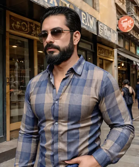 parte superior del cuerpo, 38 year old man with beard and sunglasses. hombre vistiendo ropa formal con camisa de cuadros, en un ...