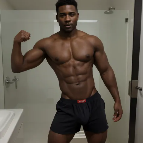 Hot black man in boxers, musculoso