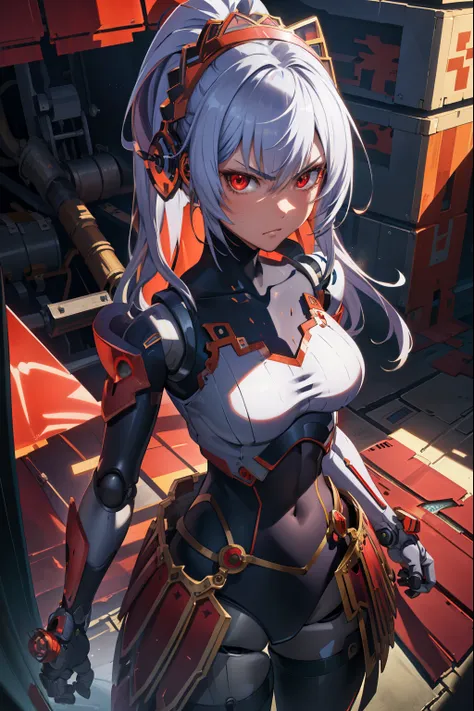 metis,android,robot joints,(extremely detailed CG unity 4k wallpaper),(masterpiece),(best quality),(ultra-detailed),(best illustration),(best shadow),(absurdres),(detailed background), White long hair (Hime cut), Red eyes, Angry, Arrogant, 