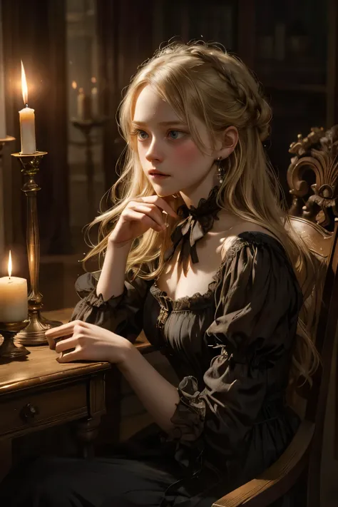 (best quality,realistic), ghostly encounter,classic literature,portraits,Victorian era,spooky atmosphere,creepy mansion,richly detailed backgrounds,haunting expressions,mysterious shadows,candlelit room,Virginias flowing gown,subtle smiles,magic realism,et...