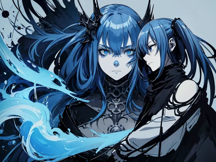 light blue long hair、Beautiful girl with twin tails、Dark Souls Armor, Dark Soul Knight, The Joker by Tsutomu Nihei,(Strange but very beautiful:1.4),(masterpiece, highest quality:1.4),In the style of Nicola Samori