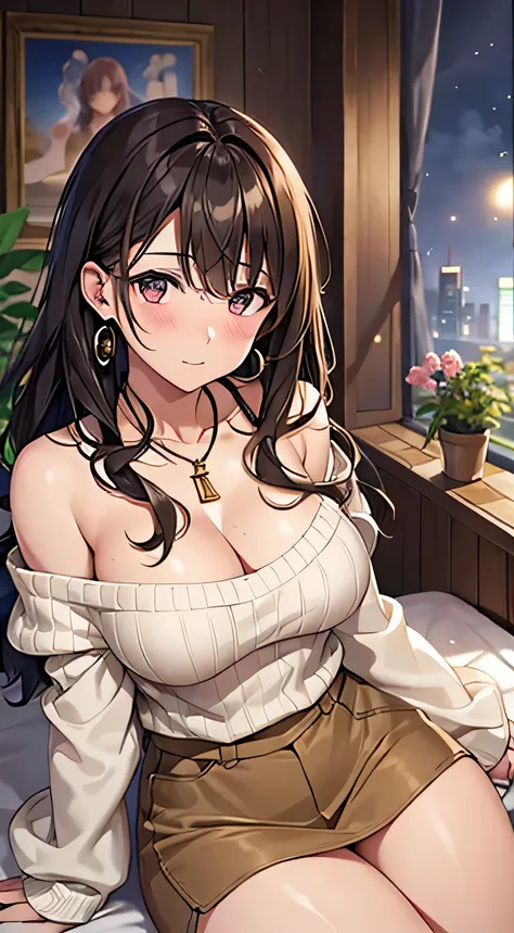 (table top, highest quality, High resolution, , perfect pixel, 4k,), 1 girl, single, alone, Beautiful woman、I could see the whole body、 ((wavy middle hair, bangs, brown hair)), ((brown eyes, beautiful eyelashes, realistic eyes)), ((detailed face, blush:1.2...