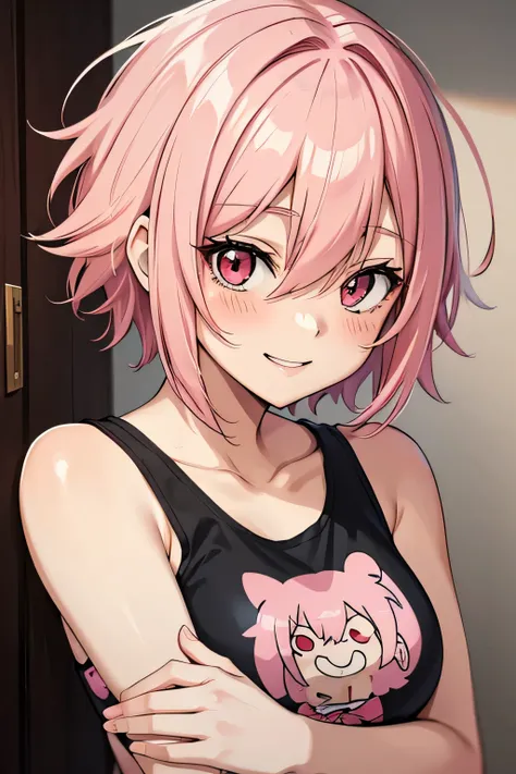 Anime girl smiling, pink hair, very messy hair short hair, red eyes, blushed, sensual look