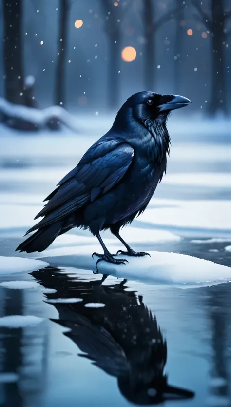 A raven sitting in the water, snow and ice on the surface of the pond, bokeh, macro photography, in the style of Greg Rutkowskis fantasy art, black color palette, grunge effect, beautiful lighting, high resolution, very detailed.