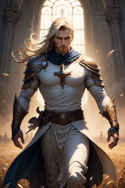 ((Best quality)), ((masterpiece)), ((realistic cartoon)), ((perfect character)):Male,Dynamic pose,white religious clothes,speed effect,fearless evangelist dashing through the wheat field.The fearless holy evangelist is surounded by ray of divine light and ...