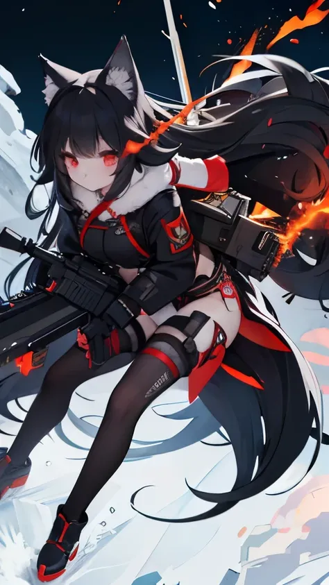 long black hair，Wolf-eared maiden，wolf tail，red eyes，Tactical bomb hanging，holding assault rifle