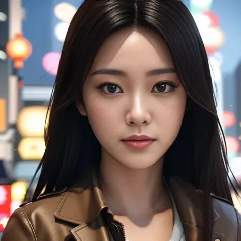 There is a woman standing on the street, Japan., photorealistic streetscape, japonism 3d 8k super detailed, realistic 3d animation, cinematic street lighting, Japanese street, on the streets of tokyo,unreal engine,Photoria ry,８k,Upper body,Woman wearing a ...