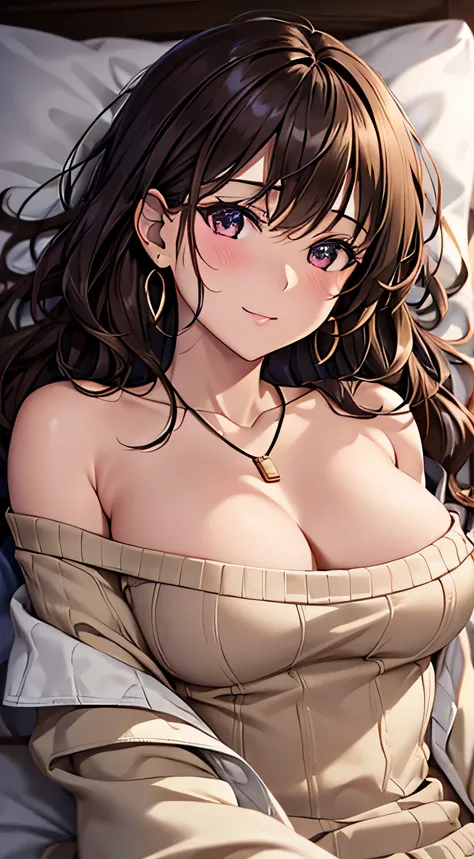 (table top, highest quality, High resolution, , perfect pixel, 4k,), 1 girl, single, alone, Beautiful woman、I could see the whole body、 ((wavy middle hair, bangs, brown hair)), ((brown eyes, beautiful eyelashes, realistic eyes)), ((detailed face, blush:1.2...