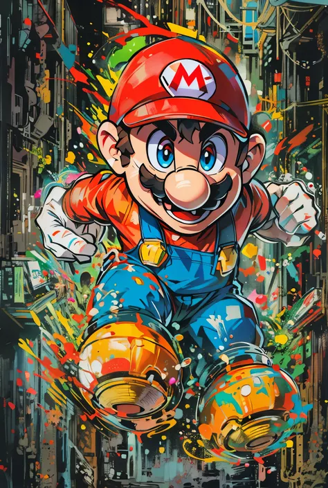 uma pintura de um personagem da nintendo com respingos de tinta, portrait of super mario, super mario portrait, portrait of mari...