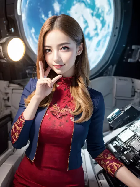 (highest quality,Super detailed,realistic:1.37),bright and vibrant colors,studio lighting,playful expression,stylish makeup,Long blonde hair fluttering in the wind,enchanting eyes,glossy lips,sexy pose, space cadet, cockpit, confident、enchanting smile,Posi...