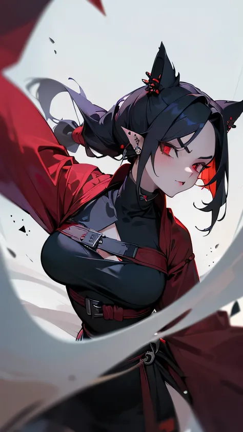 ((Best Quality, 8K, Masterpiece: 1.3)), 1girl, Beauty: 1.3, (Hairstyle Casual,), ninjutsu, dark fantasy, pointy ears, in combat, piercings, straps, Super Fine Face, casting, zealous attitude, vampire, red accents. sexy,