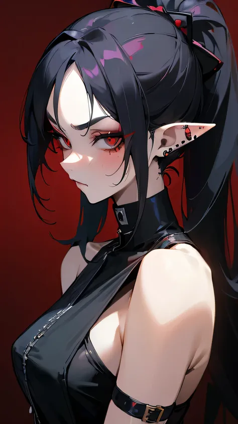 ((Best Quality, 8K, Masterpiece: 1.3)), 1girl, Beauty: 1.3, (Hairstyle Casual,), ninjutsu, dark fantasy, pointy ears, in combat, piercings, straps, Super Fine Face, casting, zealous attitude, vampire, red accents. sexy,dramatic lighting, cool clothing