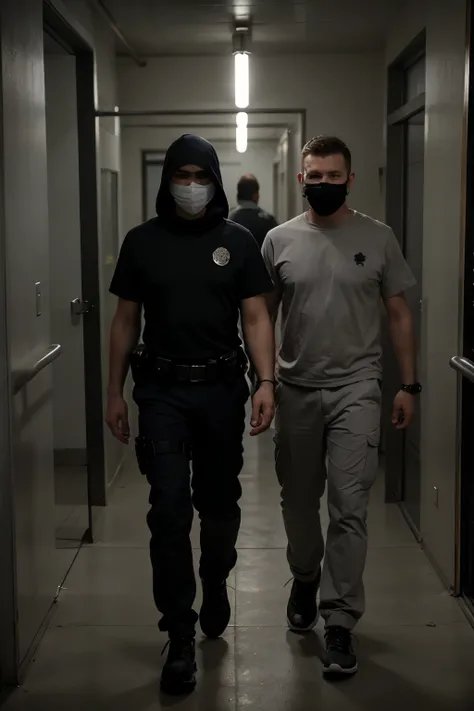 Very strong police officer, in casual clothes, black shirt with PPSC written on it, wearing a balaclava covering his entire face and a silver choker, carrying a handcuff, full body in a surveillance pose, with a dark prison background showing inmates in or...