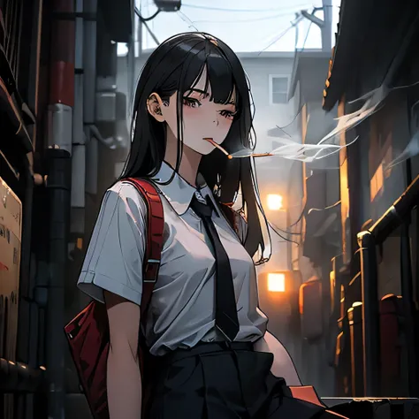 Student, uniform, smoking, white shirt, tie, rebel, slim, backpack, a lot of smoke, flat, black skirt, pretty face, beautiful, long hair, face focus, pretty face, half closed eyes, relaxed