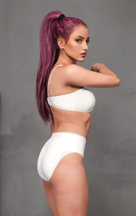 ((((masterpiece, best quality)))), ((32 year old)), (((Curvy))), ((Caucasian woman with long magenta ponytail)), in ((white bra)), (((white high cut cotton panties))), (((big hips))), Standing in front of a grey screen, (((photo realistic))), 