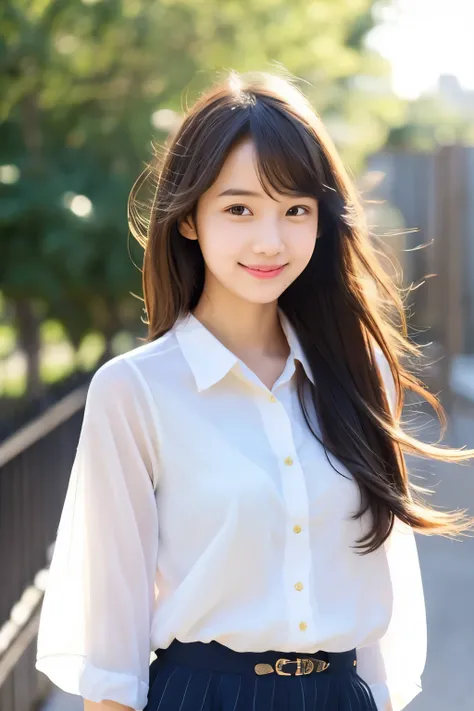 Create an image of a girl similar to Yui Aragaki. Pay particular attention to the atmosphere around the eyes and the style of the hair., Draw a person who looks similar to her. Also, Adopt a bright smile and graceful expression like hers.. Clothing and bac...