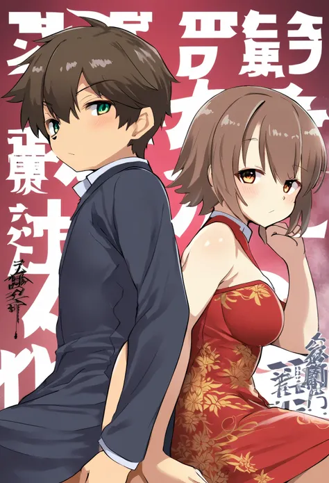 A doujinshi cover with a young male detective and a woman in a Chinese dress back to back, furry, kemono, with some elements of 007, battle manga,