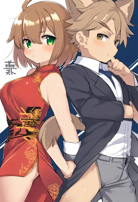 A doujinshi cover with a young male detective and a woman in a Chinese dress back to back, furry, kemono, with some elements of 007, battle manga,