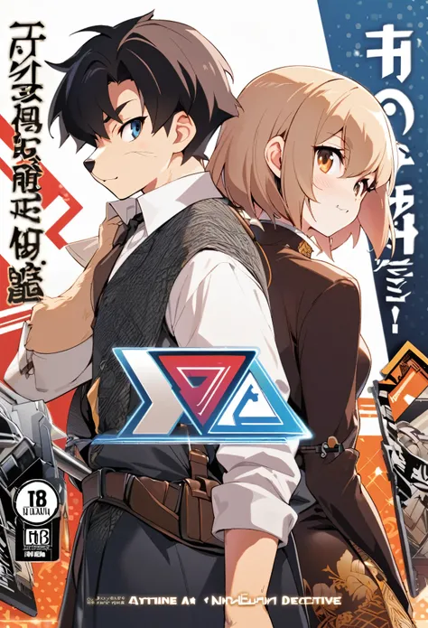 A doujinshi cover with a young male detective and a woman in a Chinese dress back to back, furry, kemono, with some elements of 007, battle manga,