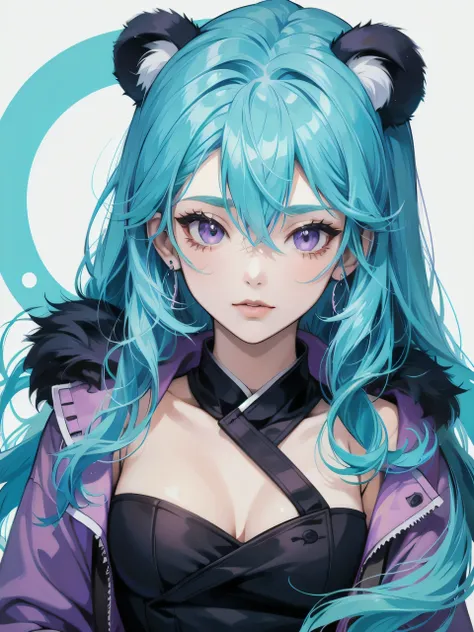 30 years old woman with cyan hair, purple eyes in anime style  panda ears