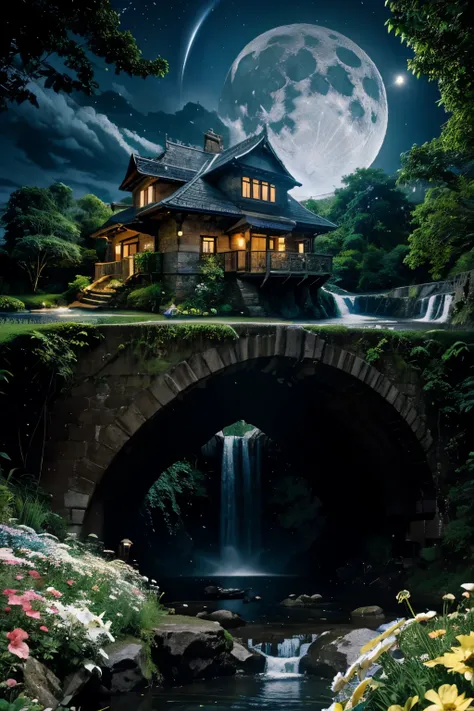 waterfall, bridge above waterfall made of flowers, a house inside the waterfall below, at night, shining star, Against the background of the moon