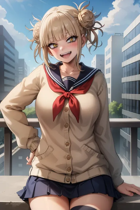 HimikoU1, 1girl, solo, bangs, blonde hair, yellow eyes, blunt bangs, hair bun, double bun, sidelocks, messy hair, looking at viewer, smile, blush, bags under eyes, teeth, , sailor collar, open mouth, serafuku, fangs, breasts, big breasts, cardigan, narrowe...