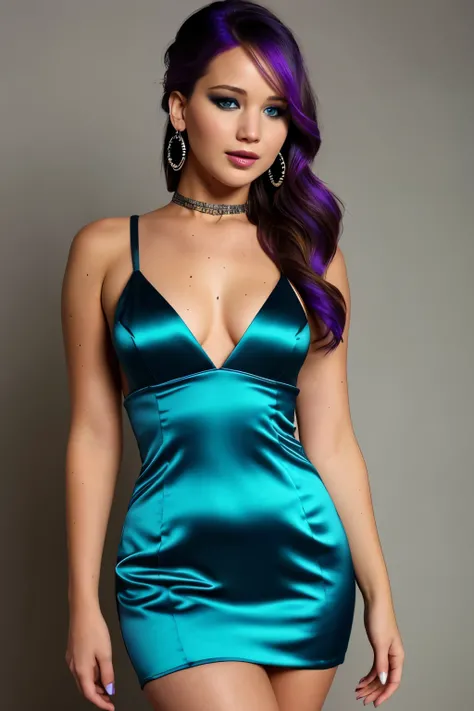 Jennifer Lawrence, adorned with ((VERY INTENSE MAKEUP)), exudes a radiant smile. Her voluptuous figure is accentuated by the intriguing neckline of her dress. The beautiful ethereal woman dons a two-toned hairdo, with hues of aqua and purple cascading down...