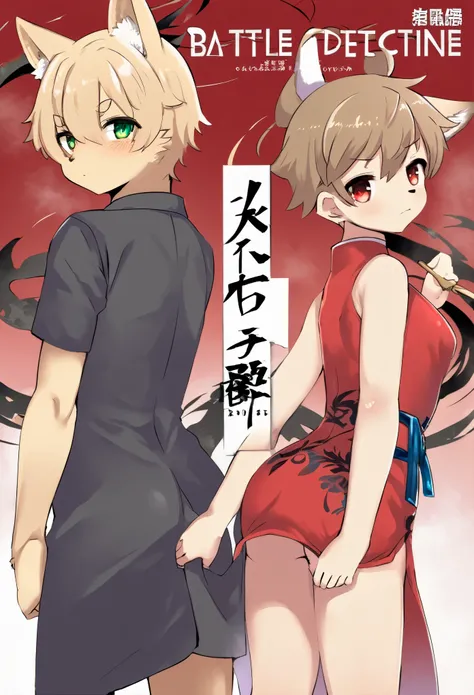 A doujinshi cover with a young male detective and a woman in a Chinese dress back to back, furry, kemono, with some elements of 007, battle manga,