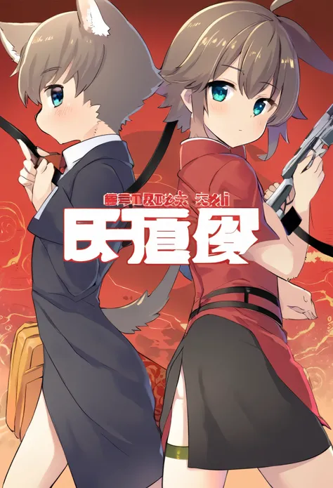 A doujinshi cover with a young male detective and a woman in a Chinese dress back to back, furry, kemono, with some elements of 007, battle manga,