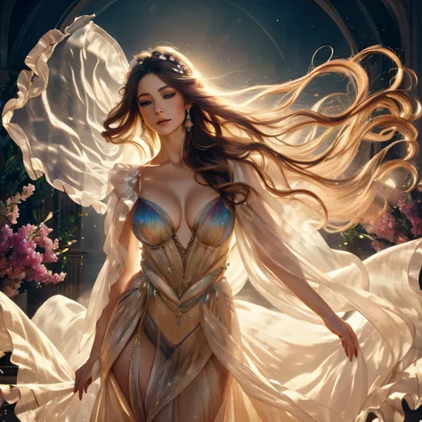 (ultra-realistic,highres:1.2),beautiful woman in sheer gown,gorgeous detailed eyes,long flowing hair,floating ethereal fabrics,elegant pose,vivid colors,soft lighting,luxurious texture,ethereal atmosphere,portrait,romantic,colorful,hint of mystery