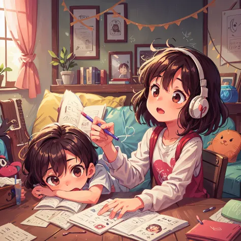 A detailed anime-inspired illustration of a 10 year old boy, com cabelo preto encaracolado, brown eyes and a cute face and He is sitting on the bed, absorbed in writing in his notebook with a pencil. Ele usa fones de ouvido, revealing his love for music. A...