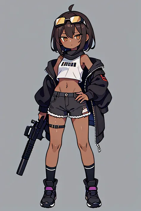 Fullbody, young girl, standing, human, dark skin, dark purple straight cut hair, brown and black goggles on head, hold gun, brownish grey clothes, black crop top under jacket, mid sleeves, shorts, ripped socks