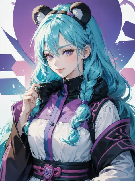 30 years old woman with cyan hair, purple eyes in anime style  panda ears, braids, smirk, tongue