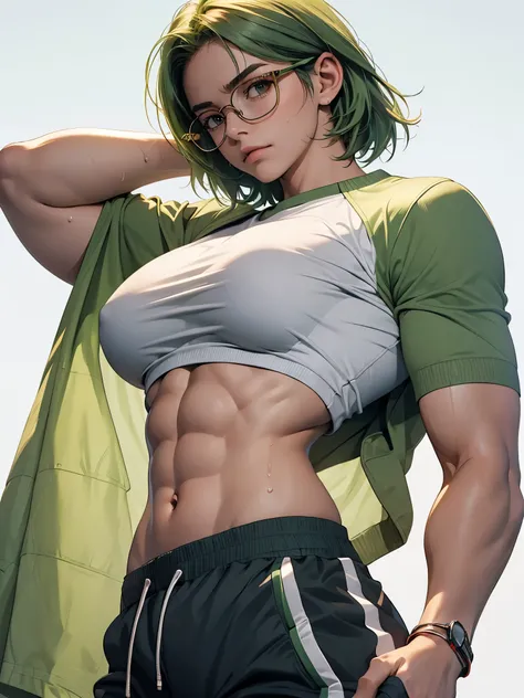 1girl,abs,arms behind head,breasts,clothes lift,frown,glasses,green hair,muscular,muscular female,pants,scar,shirt lift,short hair,signature,solo,sweat,track pants,underboob,white background