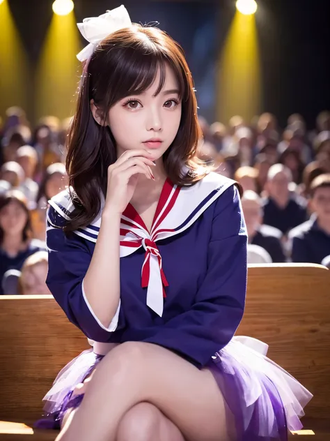 White base with purple-red sailor suit、tulle skirt、23 years old, Performing on an empty stage, concert photos, cute core、(bob hair)、(((watching the audience)))、ribbon on head、（自然でDetailed face立ち、beautiful and detailed eyes、beautiful and dense lips、very det...