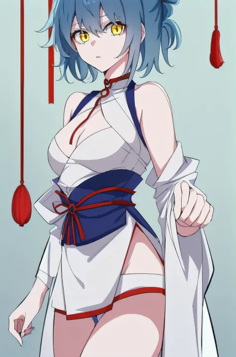 (masterpiece, best quality:1.2), 1girl, solo,blue hair, yellow eyes, taoist robe,white thights, red string, red choker
