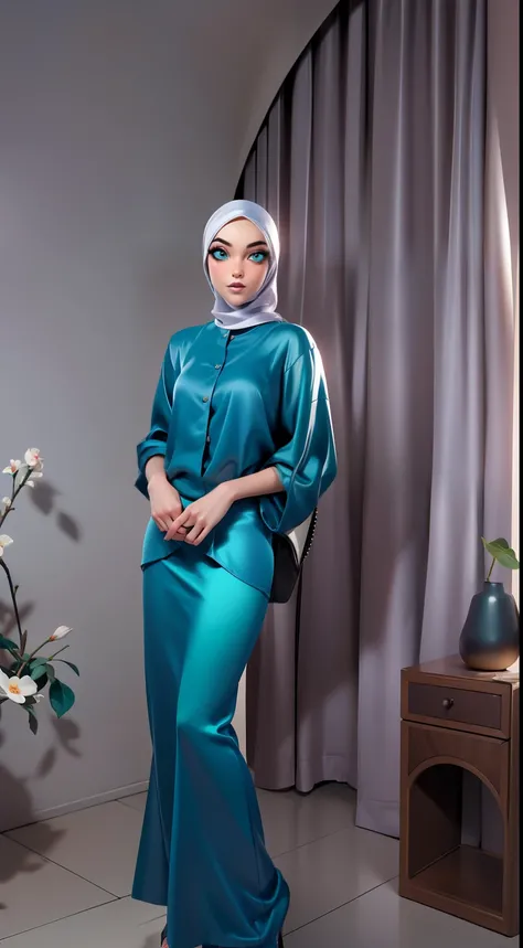 (Masterpiece, best quality) detailed, character sheet, ((a woman, beautifully makeup, eyeshadow, beautiful big eyes, long eye lashes, wearing (Teal satin hijab), ((gray satin shirt)), satin long maxi skirt)), photography, detailed skin, realistic, photo-re...