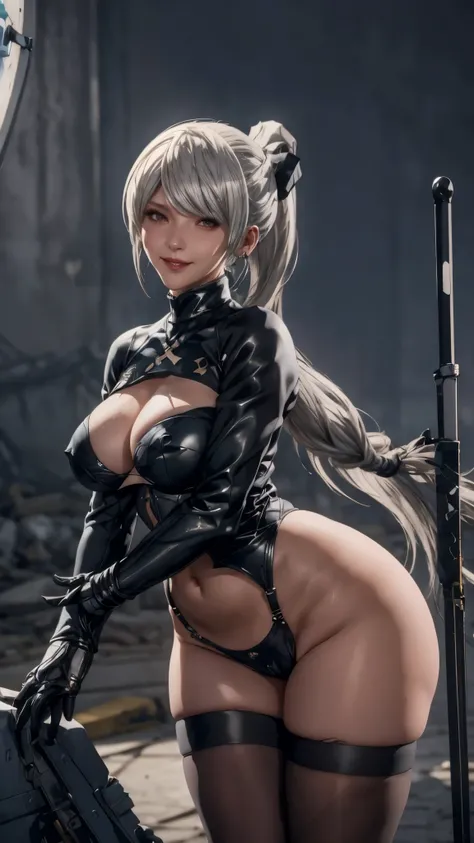 Eve wearing Yorha 2B uniform, Stellar Blade,blind folded, large breast, thighs, curvy body,1girl,solo,heavy makeup,cute,earrings,ring braid,(lewd smile:1.1),holding mechanical sword, white hair,ponytail,idol,hooker, Yorha 2B uniform,(battleground:1.1),