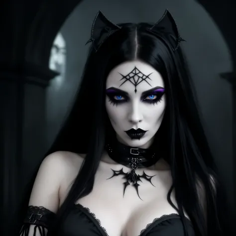 gothic woman with black hair and purple eyes in a dark room, dark goth queen with blue eyes, dark goth queen, goth woman, wearing goth makeup, pale goth beauty, portrait of a dark goddess, portrait of a dark witch, gothic aesthetic, gothic maiden of the da...