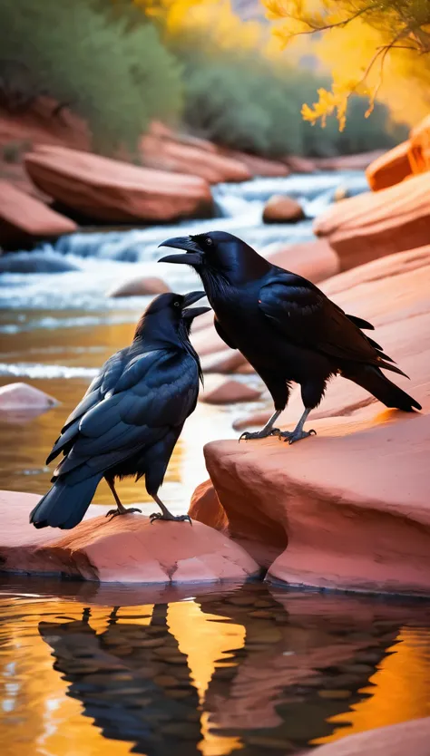 Two black crows drink water from the stream, the background is red rocks. It is a high definition photograph, showing a closeup of two birds drinking water, with pink and orange reflections in the river. The scenery is spectacular, showing the natural envi...