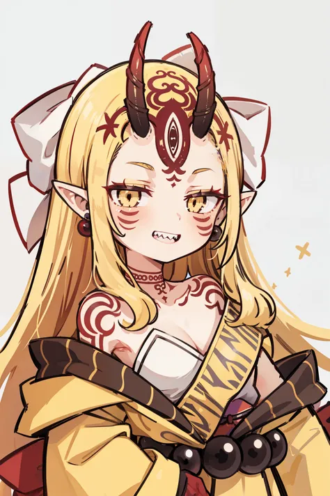 1girl, solo, (ibaraki_douji), blonde, yellow eyes, slit pupils, oni horns, japanese clothes, pointy ears, kimono, bare shoulders, off shoulder, yellow kimono, forehead mark, fingernails, sharp fingernails, ((red hands)), hair accesories, straight hair, jew...