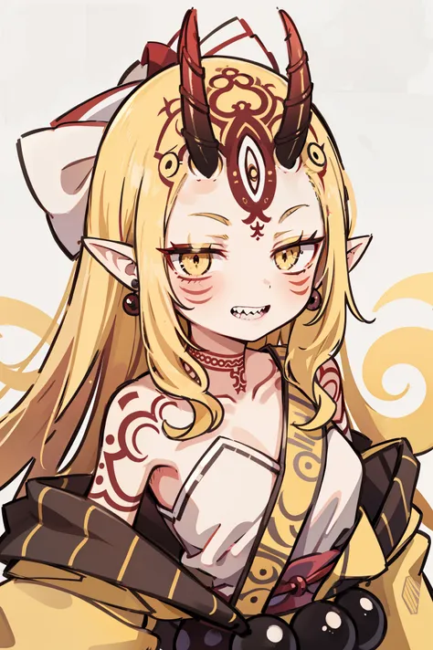 1girl, solo, (ibaraki_douji), blonde, yellow eyes, slit pupils, oni horns, japanese clothes, pointy ears, kimono, bare shoulders, off shoulder, yellow kimono, forehead mark, fingernails, sharp fingernails, ((red hands)), hair accesories, straight hair, jew...