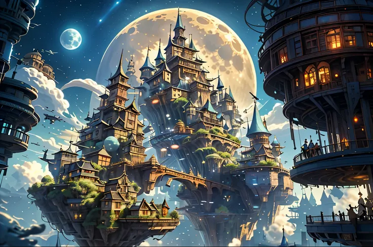 magical night，sky cities。views of the steampunk cityscape，the moon in the distance，meteors，flying cloud castle，steampunk city，sm...