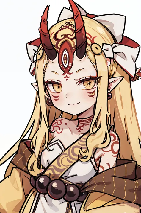 1girl, solo, (ibaraki_douji), blonde, yellow eyes, slit pupils, oni horns, japanese clothes, pointy ears, kimono, bare shoulders, off shoulder, yellow kimono, forehead mark, fingernails, sharp fingernails, ((red hands)), hair accesories, straight hair, jew...