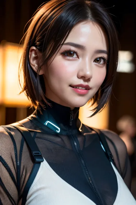 (Transparent and revealing clothing:1.3, ),(Cyberpunk cute soldier:1.3),(((cyberpunk suit))), open jacket,（Run through the jungle.:1.3）,(((Colorful short hair with shiny light brown and orange stripes on the nape))),(((messy hair))),perfect round face,Cute...