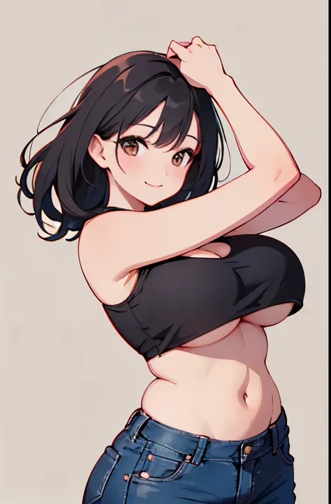 (best quality, masterpiece:1.2), Sketch full view of a hot looking fair skin 29 year old woman standing in front of us. She has brown eyes and long straight black hair. She has big breasts, playful smile. She has a nice curvy physique. She is wearing a cro...