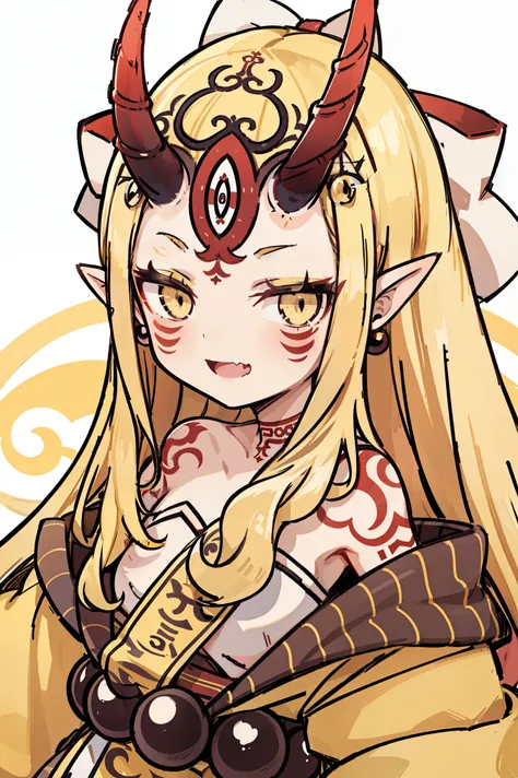 1girl, solo, (ibaraki_douji), blonde, yellow eyes, slit pupils, oni horns, japanese clothes, pointy ears, kimono, bare shoulders, off shoulder, yellow kimono, forehead mark, fingernails, sharp fingernails, ((red hands)), hair accesories, straight hair, jew...