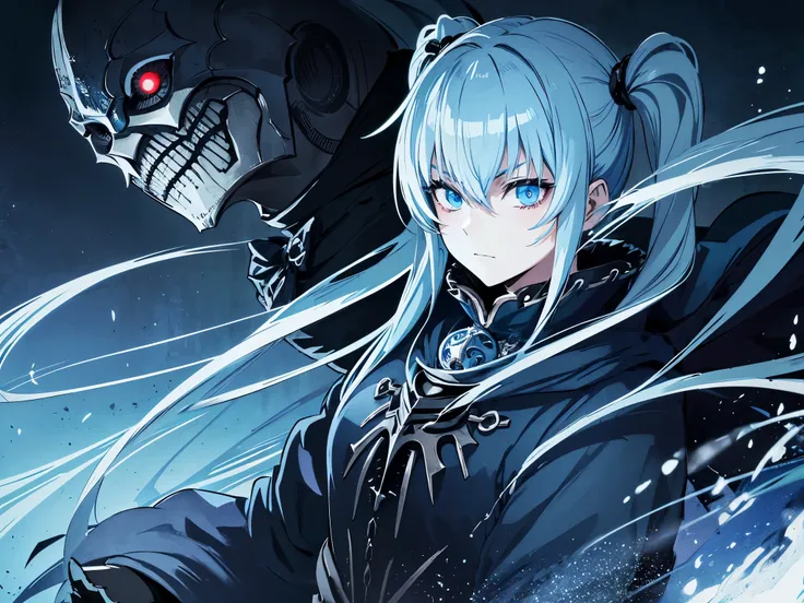 light blue long hair、Beautiful girl with twin tails、Dark Souls Silver Armor, Dark Souls Knight, The Joker by Tsutomu Nihei,(Strange but so beautiful:1.4),(masterpiece, highest quality:1.4),Nicola - Scary-faced villain